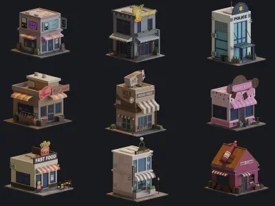 Cartoon Houses and Buildings  Pack Low-poly 3D model