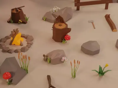 LowPoly Nature - Trees Grass and Rocks Low-poly 3D model
