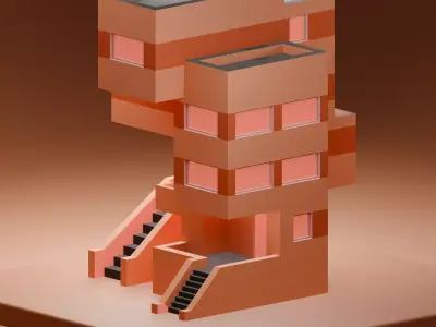 Isometric Low Poly Brutalist House Low-poly 3D model