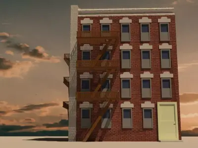 Low Poly Brick Apartment Building with Fire Escapes  Exterior  3D model