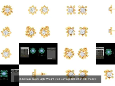 35 Solitaire Super Light Weight Stud Earrings Collection 3D Model Pack