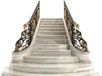 Classic marble staircase with wrought iron railing 3D model