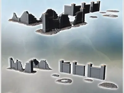 Series of damaged walls with broken sections rubble piles and in 3D print model