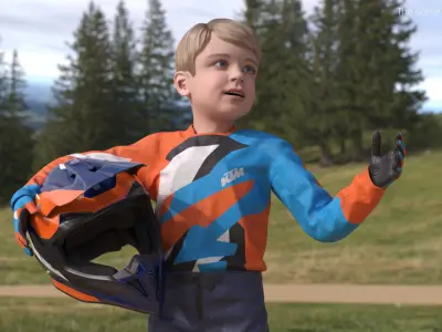  KTM Child Off Road Bike Rider Covered Mud Rigged for Maya 