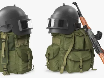  Armor Helmet with Ak-47 Rifle and Tactical Backpack 