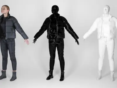 Charming blonde woman in black down jacket in A-pose 166 Low-poly 3D model