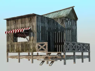 Barrack wooden house with awning 3D model