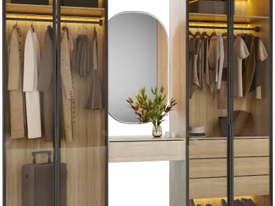 Wardrobe walk in closet with mirror and clothes 3D model
