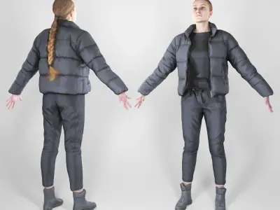 Charming blonde woman in black down jacket in A-pose 166 Low-poly 3D model