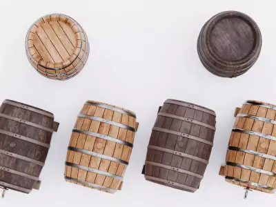6 Wine Barrels - Oak and Dark Casks with Stands and Spigots  Low-poly 3D model