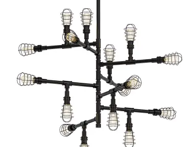 Conduit industrial style chandelier with number of light bulbs 3D model