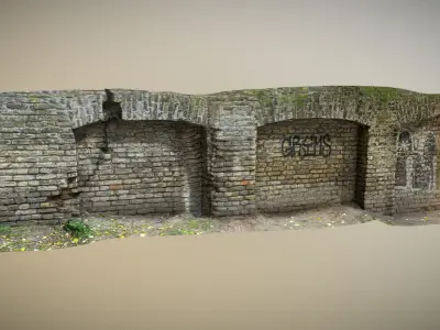 Scanned photorealistic brick and wood crumbling wall  Low-poly 3D model