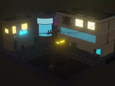 Low-poly street city at night with neon lights Free low-poly 3D model