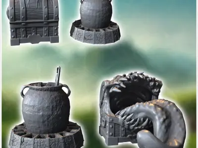 Fantastic accessory set with cauldron and tongue box 2 - Medieva 3D print model