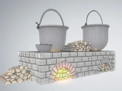 Fireplace Area with Pots and woods 3D model