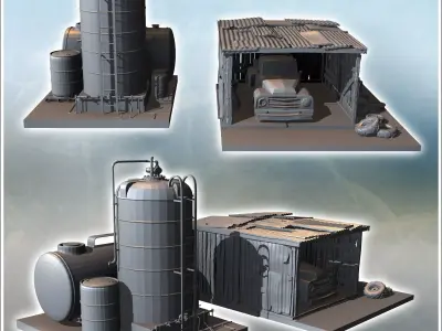 Garage-style structure with adjacent fuel tank and various tires 3D print model