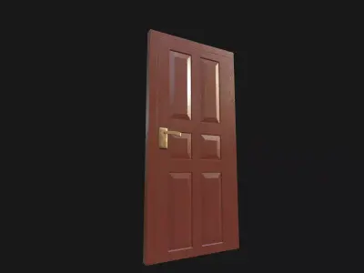 Brown Six-Panel Wooden Door with Brass Handle 3D model