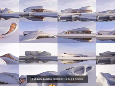 Futuristic building collection 4x 12 3D Model Pack