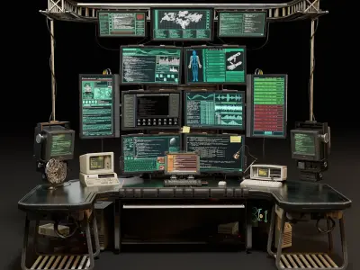 Sci-Fi Hacker Desk Setup Scene  Low-poly 3D model