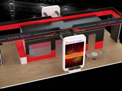 Sleek tech-themed stall with dual branding panels and display 3D model