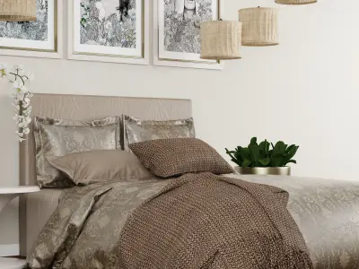 Bedroom set 7 three framed portraits above bed 3D model