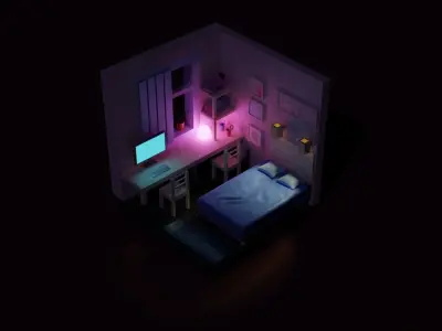 Low-poly bedroom room with bed and desk Low-poly 3D model