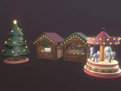 Cute ChristmasMarket Set  Low-poly 3D model