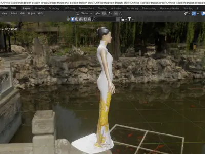 Embroidery golden dragon Chinese traditional party dress Low-poly 3D model