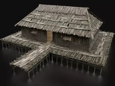 AAA SWAMP WETLAND FANTASY MEDIEVAL WOODEN VIKING HOUSE HUT Low-poly 3D model