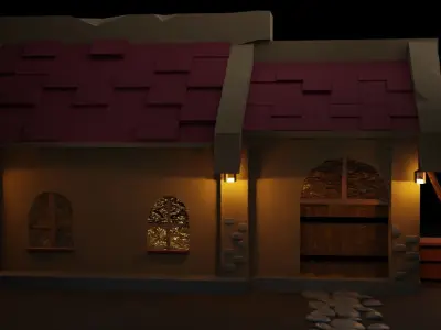 low poly house with lights on roof Low-poly 3D model