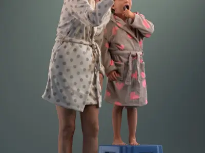 Pre-posed 3D mother and daughter brushing their teeth  3D model