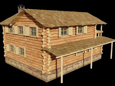 Large Log Cabin with Interior Fireplace Doors and Windows Low-poly 3D model