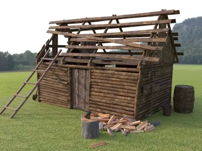 barn4 log cabin in middle of grassy field Low-poly 3D model
