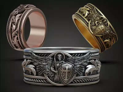 Saint Archangel Michael Baroque Band Ring Detailed Original 3D print model