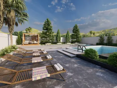 Modern Villa Courtyard with Pools Jacuzzi Pergola Low-poly 3D model