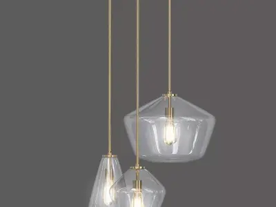 Sculptural three glass pendant lights hanging from gold chain 3D model