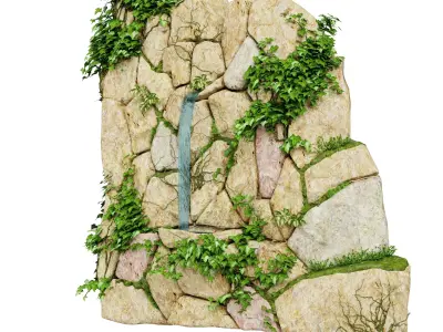 Mossy Stone Wall Wall with waterfall 3D model