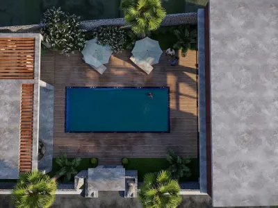 Exterior and Interior House with open water pool in courtyard 3D model