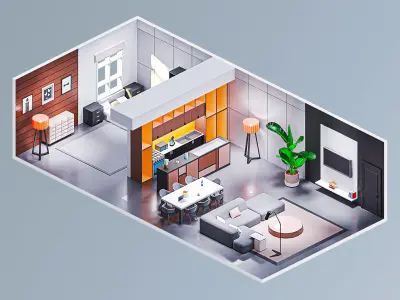 Room 2 modern living Low-poly 3D model