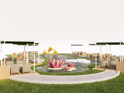 Organic Park Landscape with Water Pond and Pergolas Low-poly 3D model