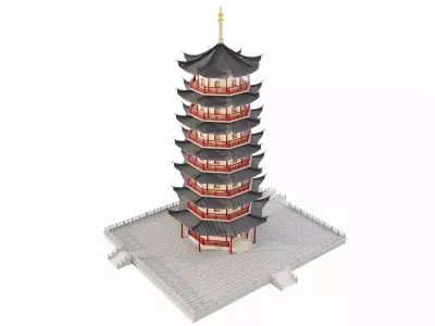 Ancient Japan Pagoda Tower with Stone Platform 3D model