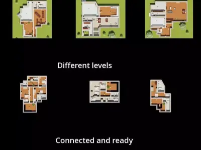 Set 6 Houses Detached with interiors Low-poly 3D model
