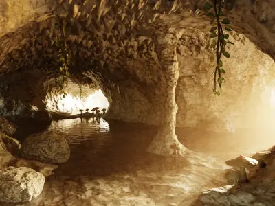 Cave V11 - Complex Cave Environment with Water and Vegetation 3D model