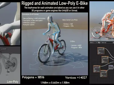 Rigged low-poly e-bike red version with basic cyclist  Low-poly 3D model