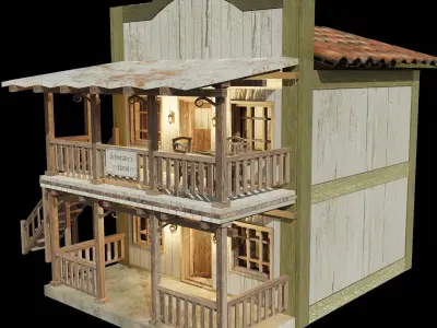 Enterable Vintage West Hotel House  Low-poly 3D model