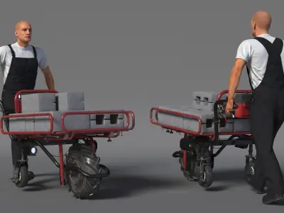  Worker with Filled Wheelbarrow Concrete Bricks 