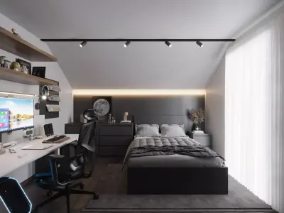 Modern Attic Bedroom Gaming Setup Full Interior Scene Ikea 3D model