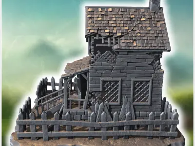 Small dilapidated wooden house with broken fence shattered windo 3D print model