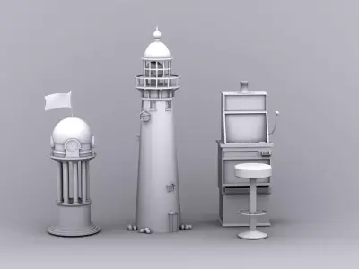 Low-Poly set -  models  Lighthouse Slot machine tower clock 3D model