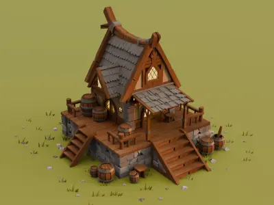 Stylized Medieval Wooden House Low Poly 3D Model 3D model